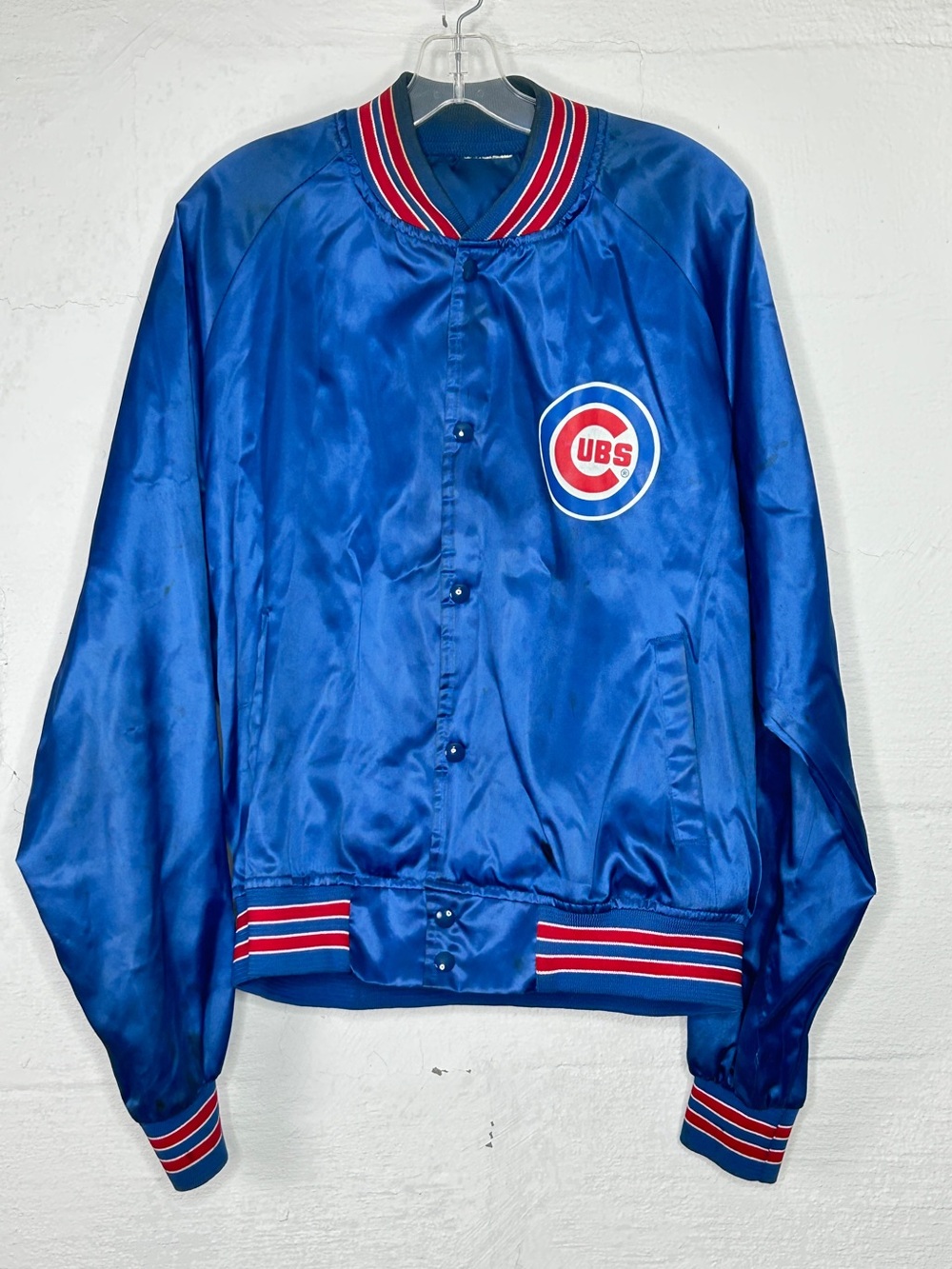 Vintage 80s Chicago Cubs Satin Bomber Jacket Blue Chalk Line 1st Night Game MLB